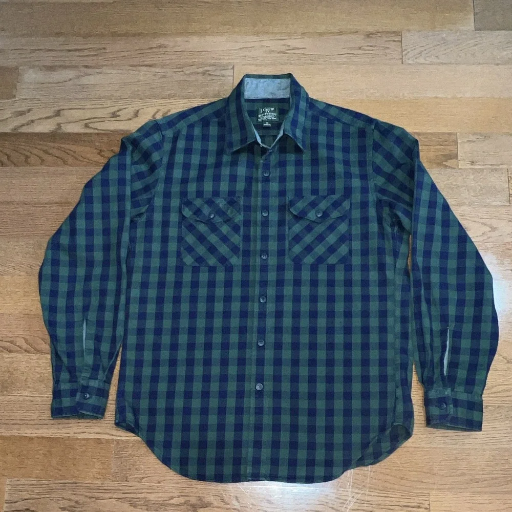J. Crew Heavyweight Flannel Green Blue Plaid 2-Pocket Shirt Mens M 20638